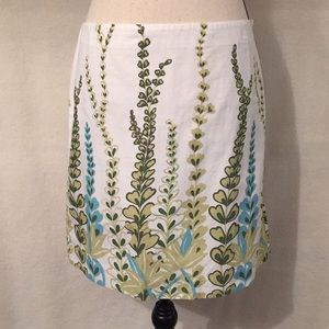 LOFT ivory blue green floral cotton a-line skirt